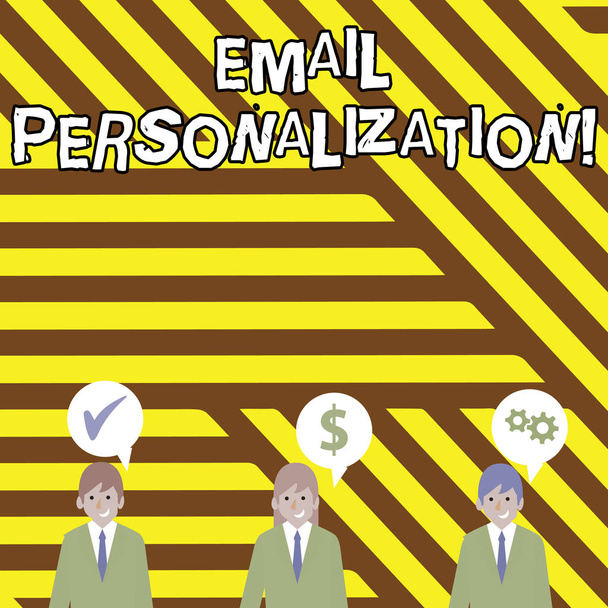 Conceptual hand writing showing Email Personalization. Business photo text allows to insert demonstratingal data into the email template Businessmen has Speech Bubble with Optimization Cost Icons. - Photo, Image