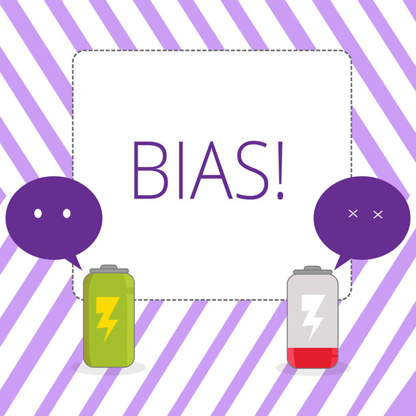 Writing note showing Bias. Business photo showcasing inclination or prejudice for or against one demonstrating group Fully Charge and Discharge Battery with Emoji Speech Bubble. - Photo, Image