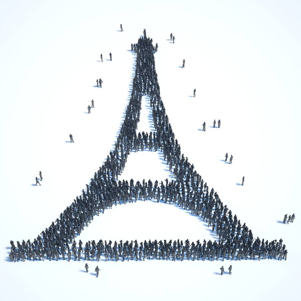 große Gruppe von Menschen in Form eines Eiffelturms, isoliert auf weiß  - Foto, Bild