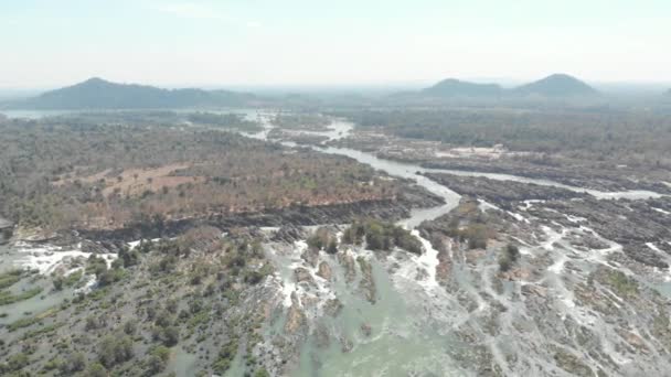 Aerial: flying over Don Det and the 4003 islands Mekong River in Laos, Li Phi waterfall, famous tourist destination in South East Asia, stunning landscape. Native cinelike D-log color profile - Footage, Video