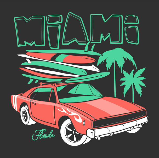 Типография Майами для принта футболки и автомобиль Retro с доской для серфинга
 - Вектор,изображение