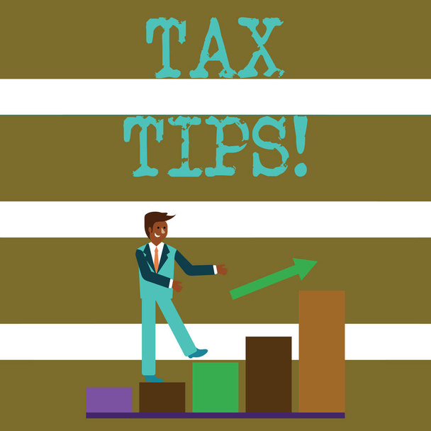 Text sign showing Tax Tips. Conceptual photo compulsory contribution to state revenue levied by government Smiling Businessman Climbing Colorful Bar Chart Following an Arrow Going Up. - Photo, Image