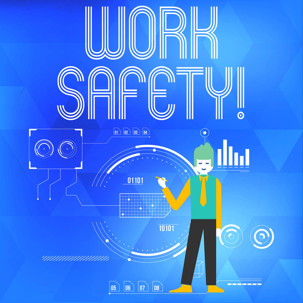 Text sign showing Work Safety. Conceptual photo policies and procedures in place to ensure health of employees Man Standing Holding Pen Pointing to Chart Diagram with SEO Process Icons. - Photo, Image