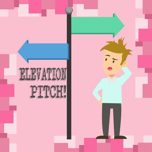 Conceptual hand writing showing Elevator Pitch. Business photo showcasing short description of product business idea given to investor Man Confused with Road Sign Pointing to Opposite Direction. - Photo, Image