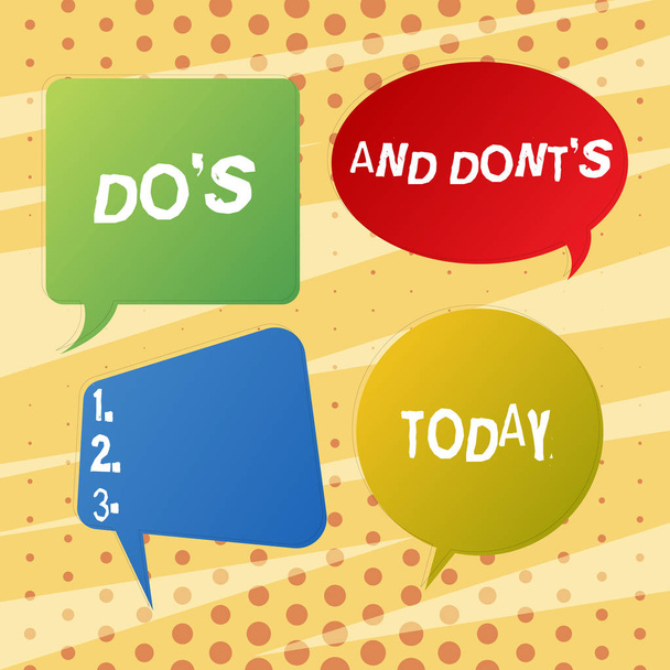 Escribir texto a mano Do S es y Dont S es. Concepto que significa asesorar Reglas o costumbres relativas a alguna actividad Etiqueta engomada de burbuja de habla en blanco en diferentes formas y colores para múltiples chat
. - Foto, imagen