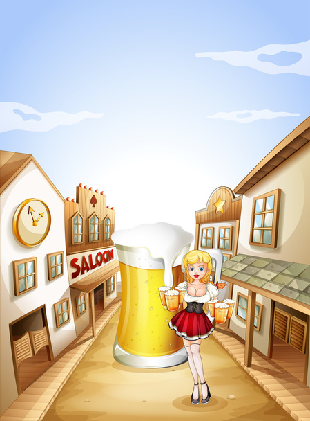 A girl holding a beer in front of a big glass of beer - Vector, Image