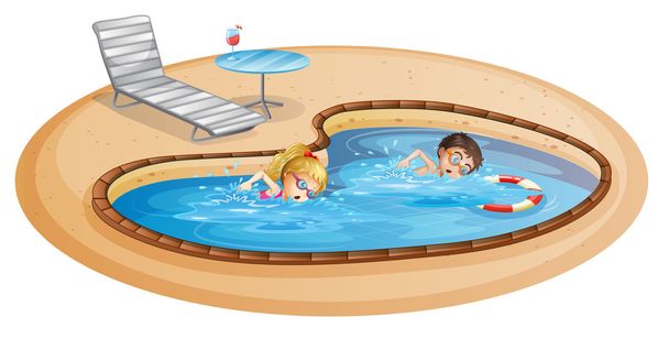 少女と、プールで泳いでいる少年 - ベクター画像