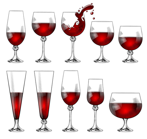 Set de gafas de diferentes tamaños y formas con vino tinto. Grabado vintage dibujo estilizado aislado en blanco. Ilustración vectorial
 - Vector, imagen