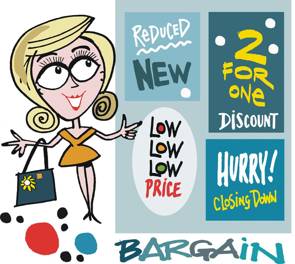 Caricature vectorielle de femme souriante avec des signes d'aubaine shopping
 - Vecteur, image