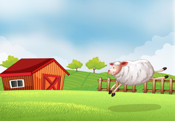 Una oveja saltando frente a un granero
 - Vector, imagen