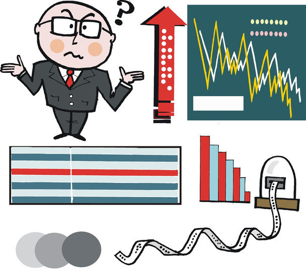 Векторная карикатура графиков бизнесмена и фондового рынка
 - Вектор,изображение