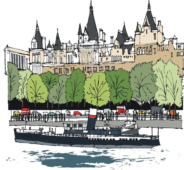 Векторні ілюстрації набережна будівель і човен, Лондон - Вектор, зображення