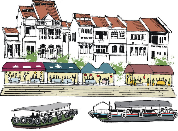Vector illustration of old Singapore buildings, and river boats. - Vector, Image