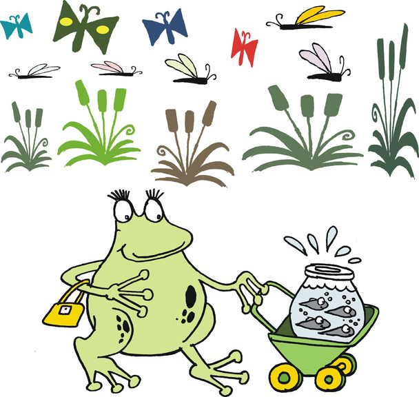 Caricatura vectorial de feliz cochecito de rana con renacuajos
. - Vector, Imagen