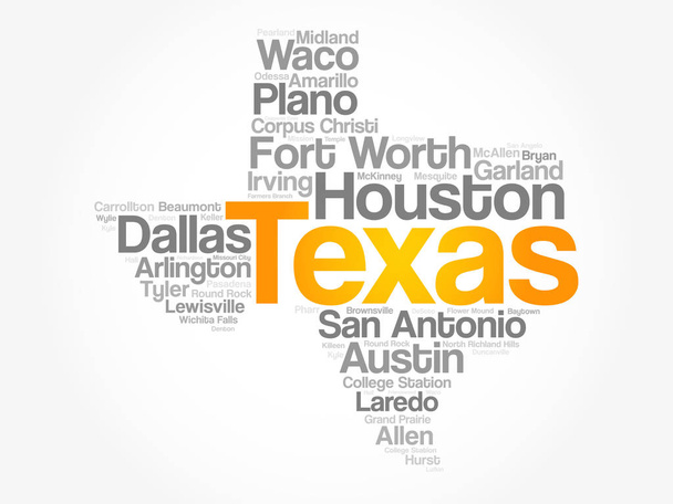 Luettelo kaupungeista Texas USA State Word Cloud
 - Vektori, kuva
