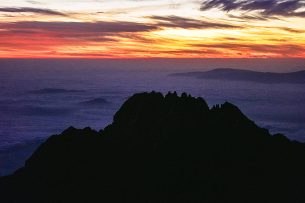 Vista panorâmica sobre as montanhas Kilimanjaro em África. Altos picos pretos no fundo rosa quente do nascer do sol. Liberdade e natureza selvagem, ótimo lugar para ser você mesmo e liberar seus pensamentos
. - Foto, Imagem