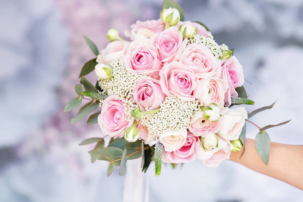 stylish wedding attributes of bride. classic bride's bouquet - Photo, image