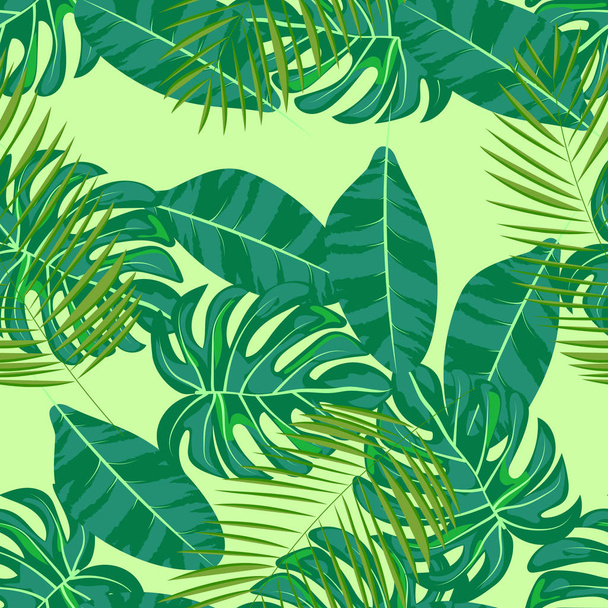 Tropical seamless pattern with leaves. Beautiful tropical isolated leaves. Fashionable summer background with leaves for fabric, wallpaper, paper, covers. - Vektor, Bild