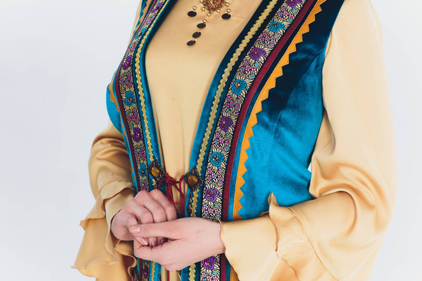 national Bashkir costumes. peoples of Russia. Tatars on white background studio. - Fotoğraf, Görsel