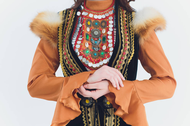 national Bashkir costumes. peoples of Russia. Tatars on white background studio. - Фото, зображення