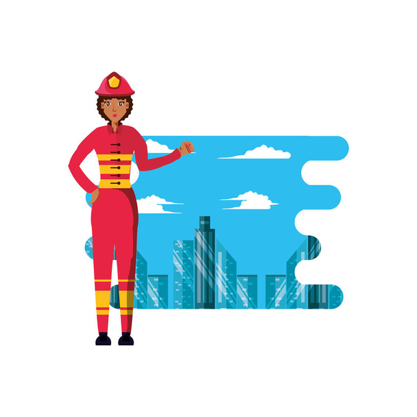 firefighter professional female with cityscape - Vector, Image