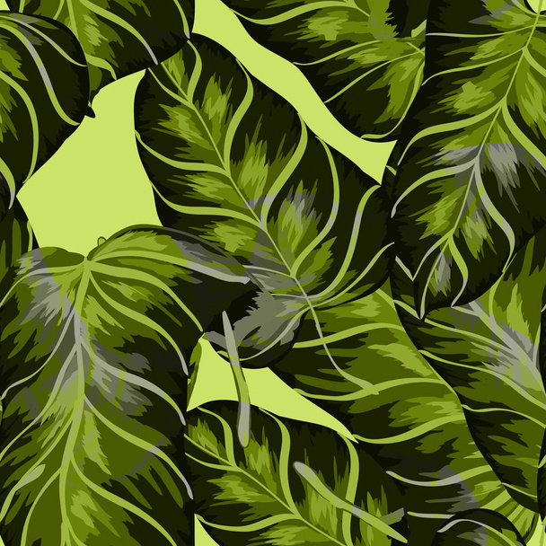 Exotic leaves on a green background. Tropical pattern with banana leaves. - Vector, afbeelding