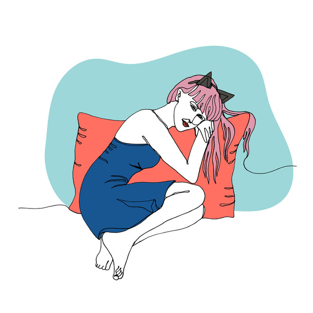 chica atractiva está sentado con una almohada, mano dibujada pluma línea ar
 - Vector, Imagen