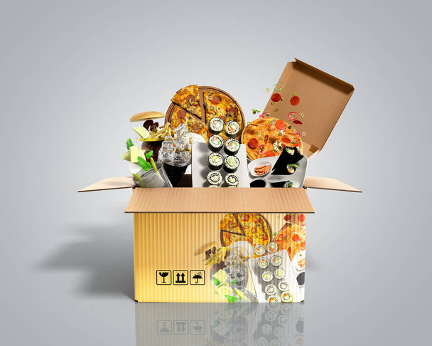 concept van productcategorieën voedsel in de doos 3D render op grijs  - Foto, afbeelding