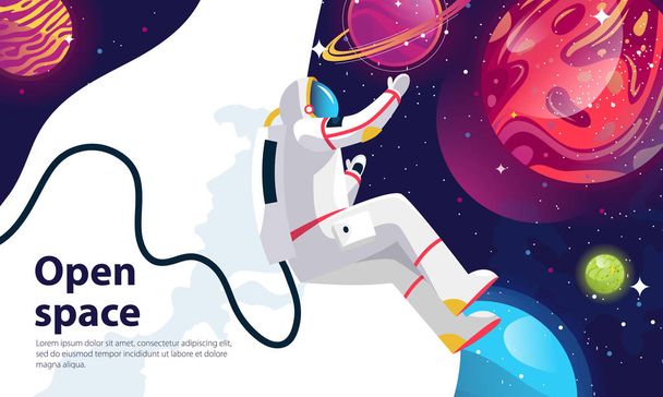 Grafika wektorowa astronauty w kosmosie na tle zestawu planet i gwiaździste niebo, szablon na banner na stronie internetowej - Wektor, obraz
