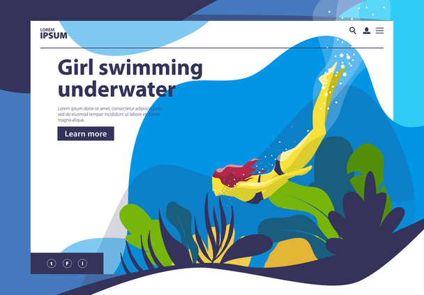 дівчина плаває під водою, під водою, глибиною, водоростями, банер візерунка морських рослин на сайті
 - Вектор, зображення