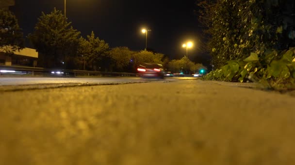Auto's snelheidsovertredingen op de snelweg 's nachts. Lage hoek Motion Blur. - Video