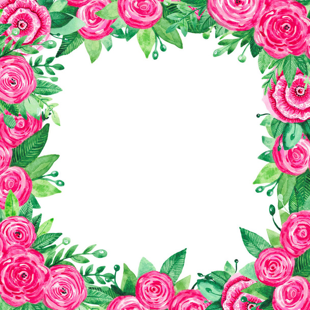 Runko Kirkkaan punainen vaaleanpunainen kukka vihreät lehdet haara valkoinen akvarelli eristetty tausta Käsin maalattu kasvitieteellinen kukka asetettu
 - Valokuva, kuva