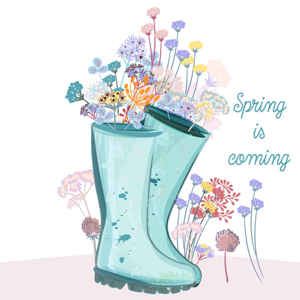 Fashion spring illustration with green rubber boots and flowers  - ベクター画像