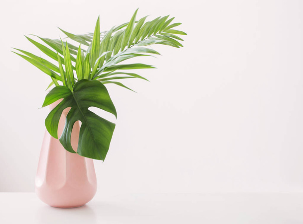 vase with palm leaves on white background - Фото, изображение