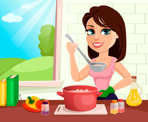 όμορφη γυναίκα μαγείρεμα στην κουζίνα της - Διάνυσμα, εικόνα