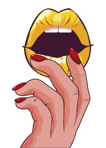 sexy female lips and hand pop art style - Vector, Image