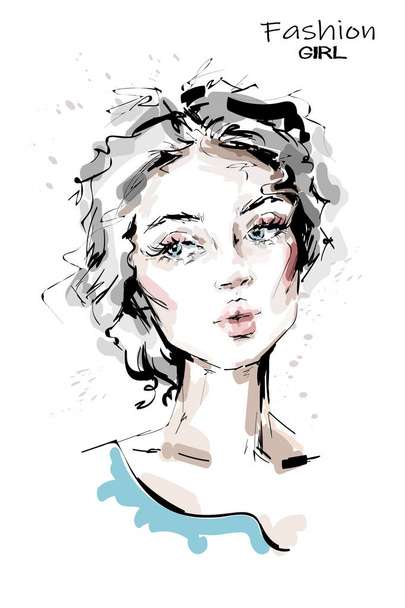 Hand drawn beautiful young woman with blue eyes. Stylish girl. Fashion woman face. Sketch. Vector illustration.  - Vektor, kép