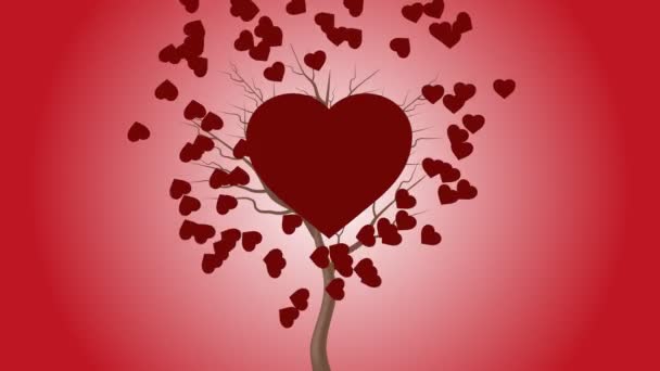 El corazón rojo late por el árbol y más corazones se mueven en el fondo
. - Metraje, vídeo