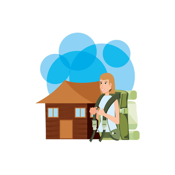 traveler woman with travel bag and log cabin - Vector, Image