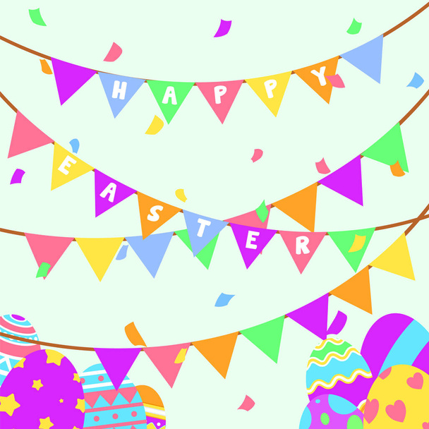 Carte de vœux de Pâques drôle et colorée et fête avec illustration des œufs, bannière, drapeau, confettis et texte
 - Vecteur, image