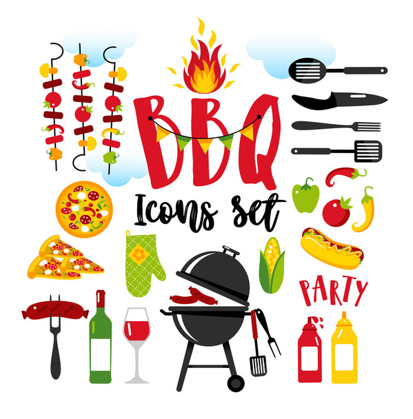 BBQ party set icons on white background with symbols of street food. - Vector, afbeelding