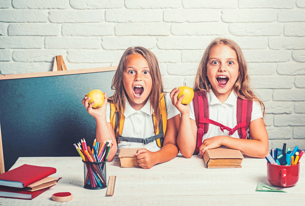 Happy school kids at lesson in september 1. Little girls eat apple at lunch break. School time of girls. Friendship of small sisters in classroom at knowledge day. Back to school and home schooling - Фото, изображение