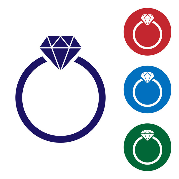 Blauwe diamant verlovingsring icoon geïsoleerd op witte achtergrond. Kleur pictogram instellen in cirkel knoppen. Vector illustratie - Vector, afbeelding