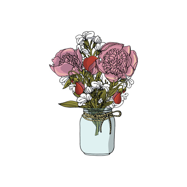 Hand drawn doodle style bouquets of different flowers: peony, stock flower,sweet pea. - Vector, Image