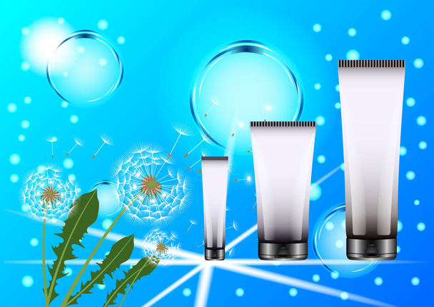 Cosmetics plastic tubes, dandelions with flying fluff on the blue sky and transparent bubbles background - Vector, Image