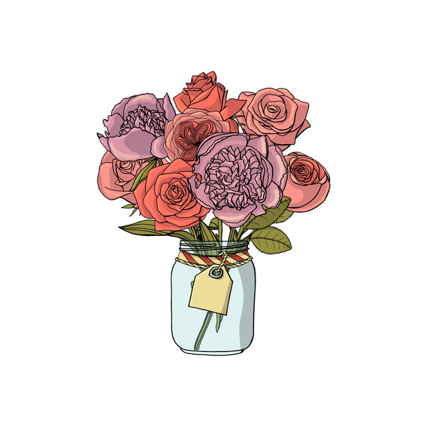 Hand getrokken doodle stijl boeketten van verschillende bloemen: pioenroos, rozen. - Vector, afbeelding