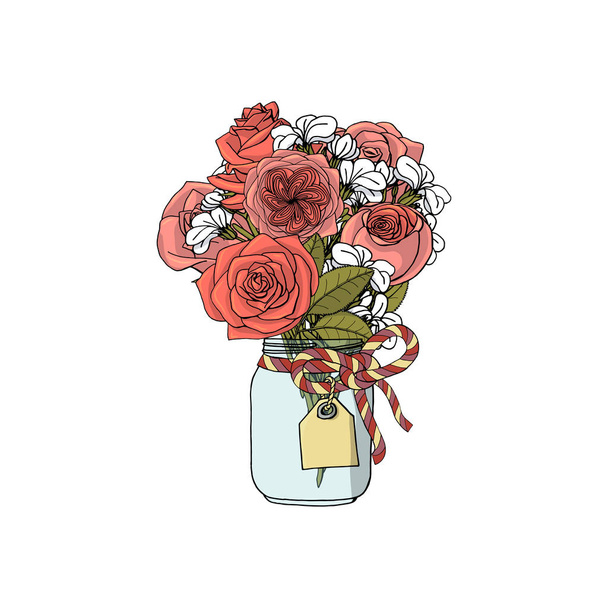別の花の手描き落書きスタイルの花束: ローズ、ストックフラワー. - ベクター画像
