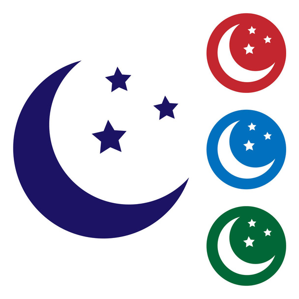 Blauwe maan en sterren icoon geïsoleerd op witte achtergrond. Kleur pictogram instellen in cirkel knoppen. Vector illustratie - Vector, afbeelding