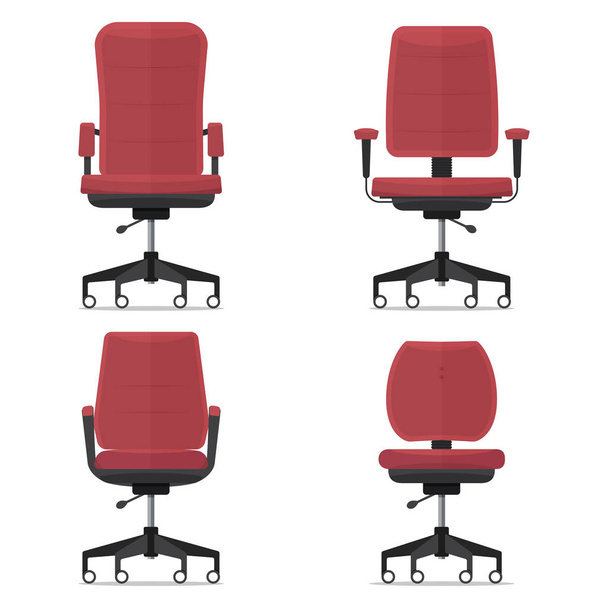 Office chair or desk chair in various points of view. Armchair or stool in front view. Red furniture for Interior in flat design. Vector illustration. - Vector, Image