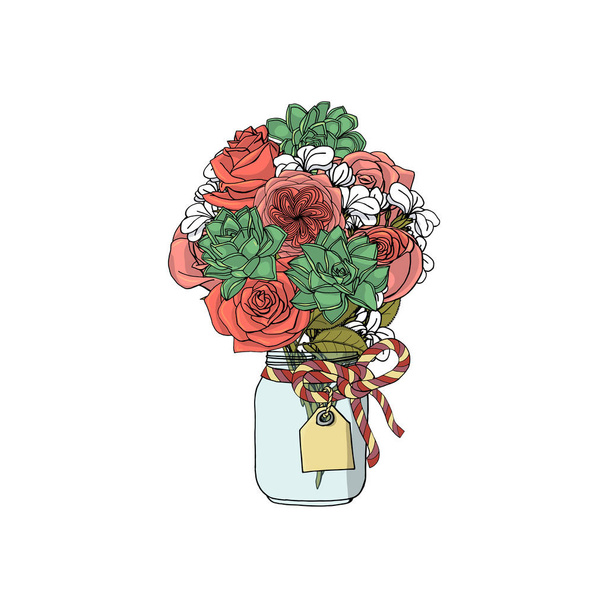 Ručně tažené kytice z různých květů: sukulentní, růže, zásobní květina. - Vektor, obrázek